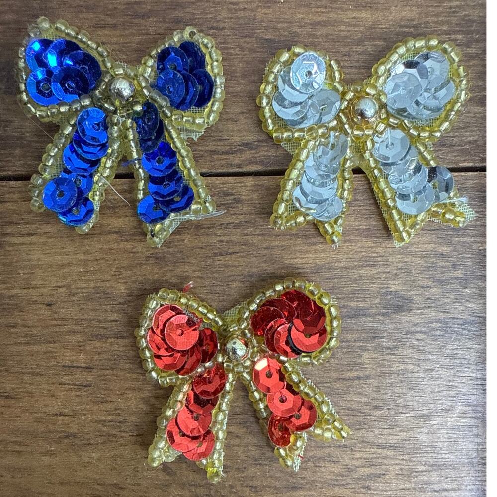 Sequined Vintage Multicolored Red White Blue Patriotic Ribbon Bow Applique Patch